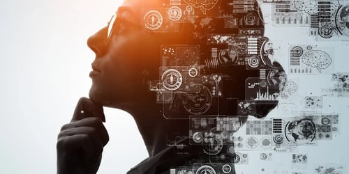 Woman in profile with her hand at her chin, overlaid with interface panels and brain diagrams.