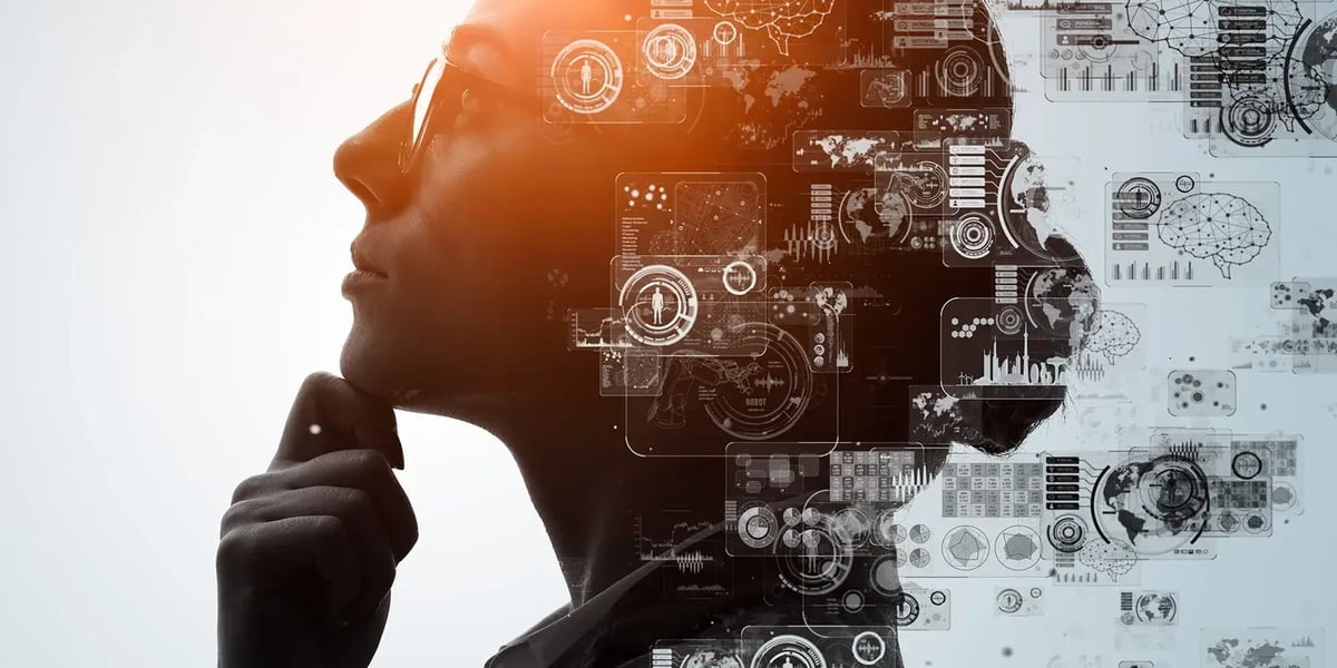 Woman in profile with her hand at her chin, overlaid with interface panels and brain diagrams.