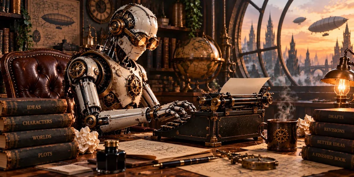 A steampunk automaton types at a mechanical typewriter surrounded by books and notes.