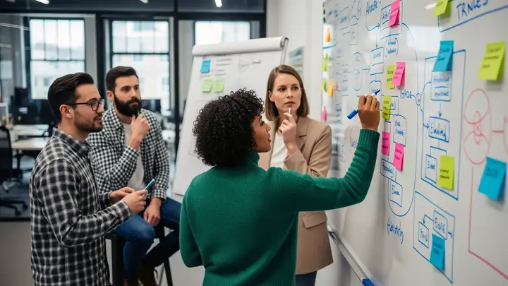 A team reviewing a marketing planning wall.
