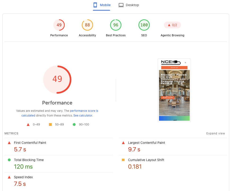 PageSpeed Insights mobile results for nceidaho.com showing performance 49 and key lab metrics