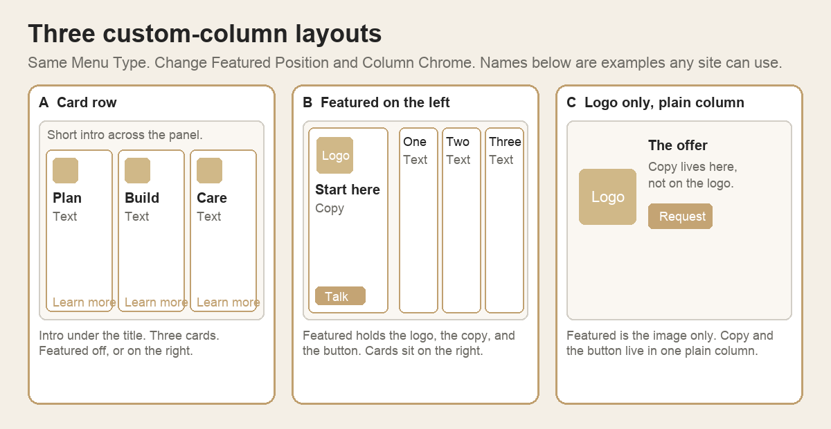Three custom-column layouts: card row, Featured on the left, logo only with a plain column