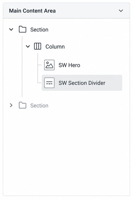 HubSpot content tree: Main Content Area, Section, Column, SW Hero, then SW Section Divider selected in the same Section