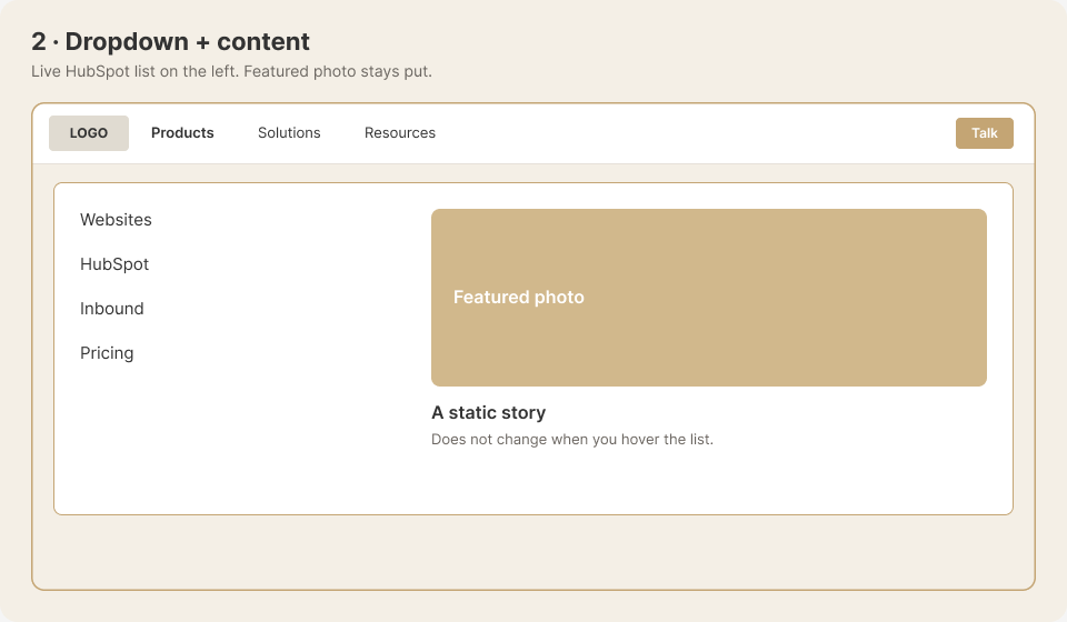 Dropdown + content: HubSpot list on the left, Featured photo on the right