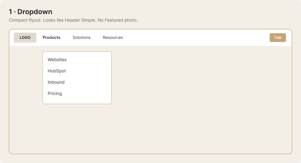 Dropdown: compact Header Simple flyout, no Featured photo