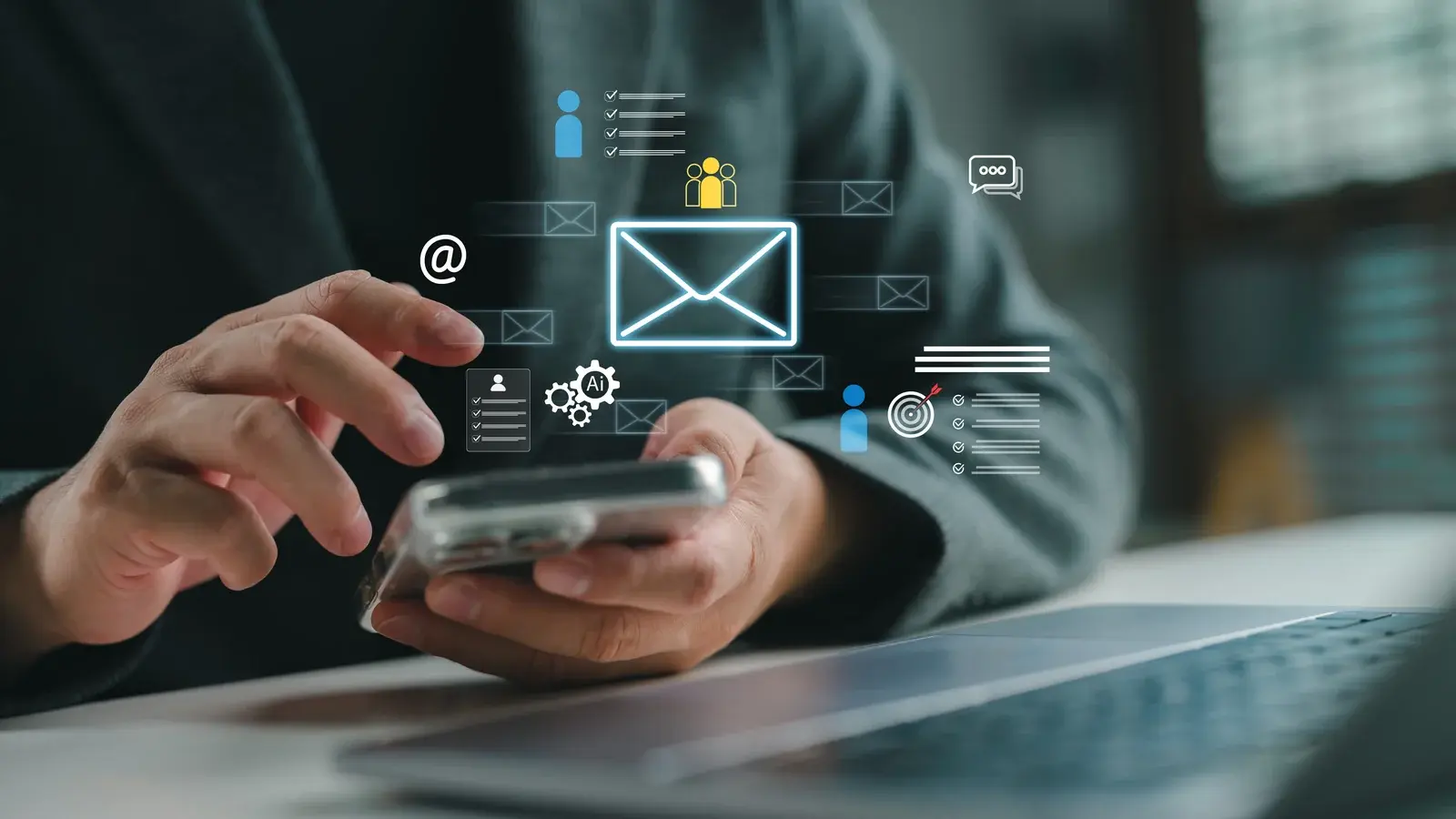 A person using a phone beside a laptop, with email and automation symbols.