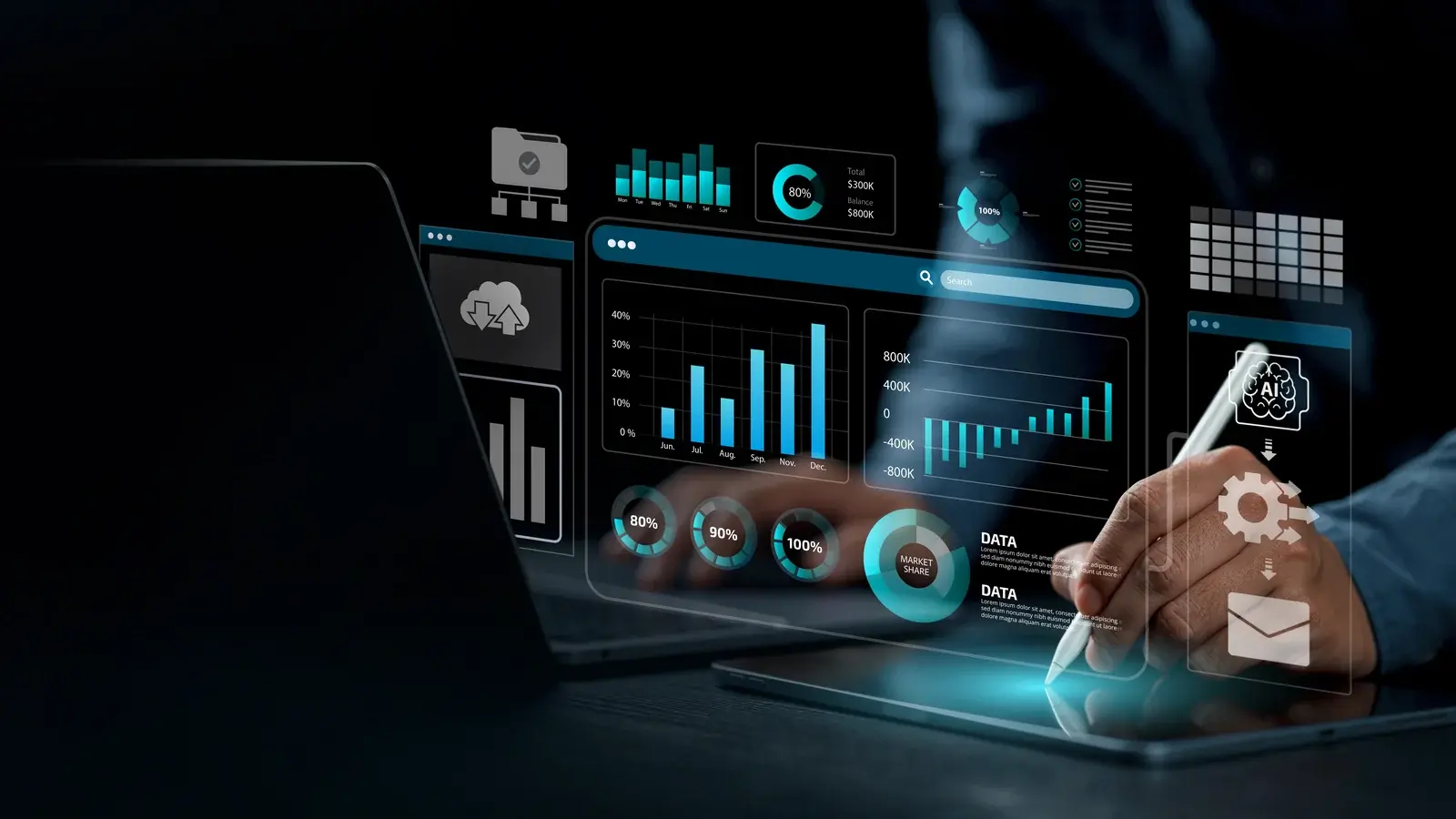 Digital analytics charts over a person working with a tablet and laptop.