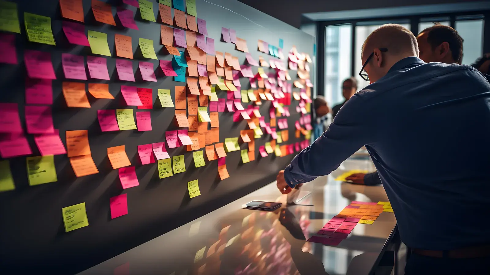 A team working through priorities on a planning board.