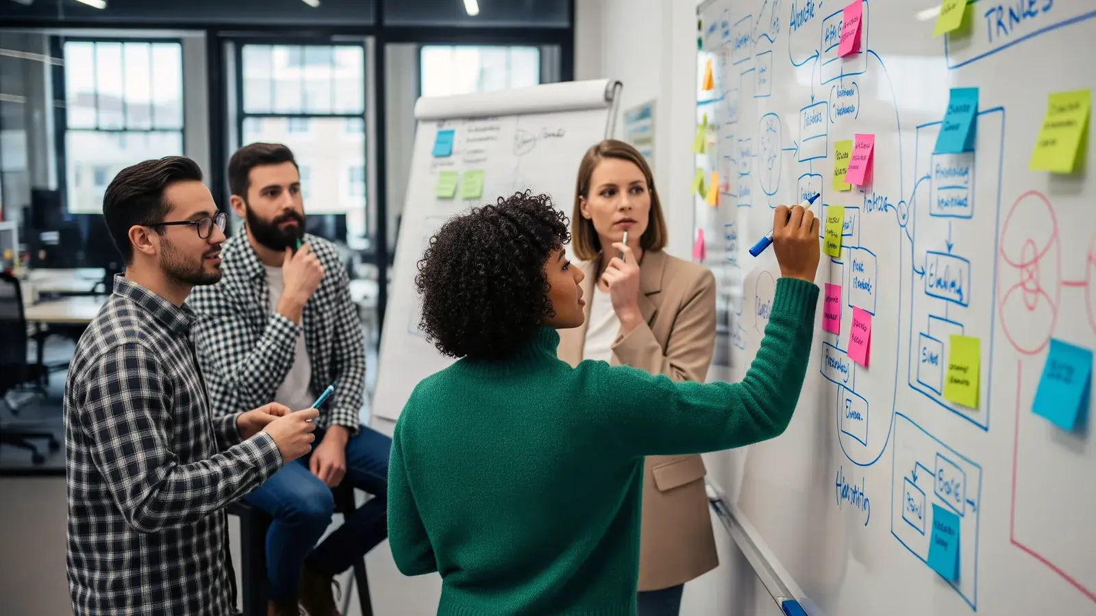 A team reviewing a marketing planning wall.