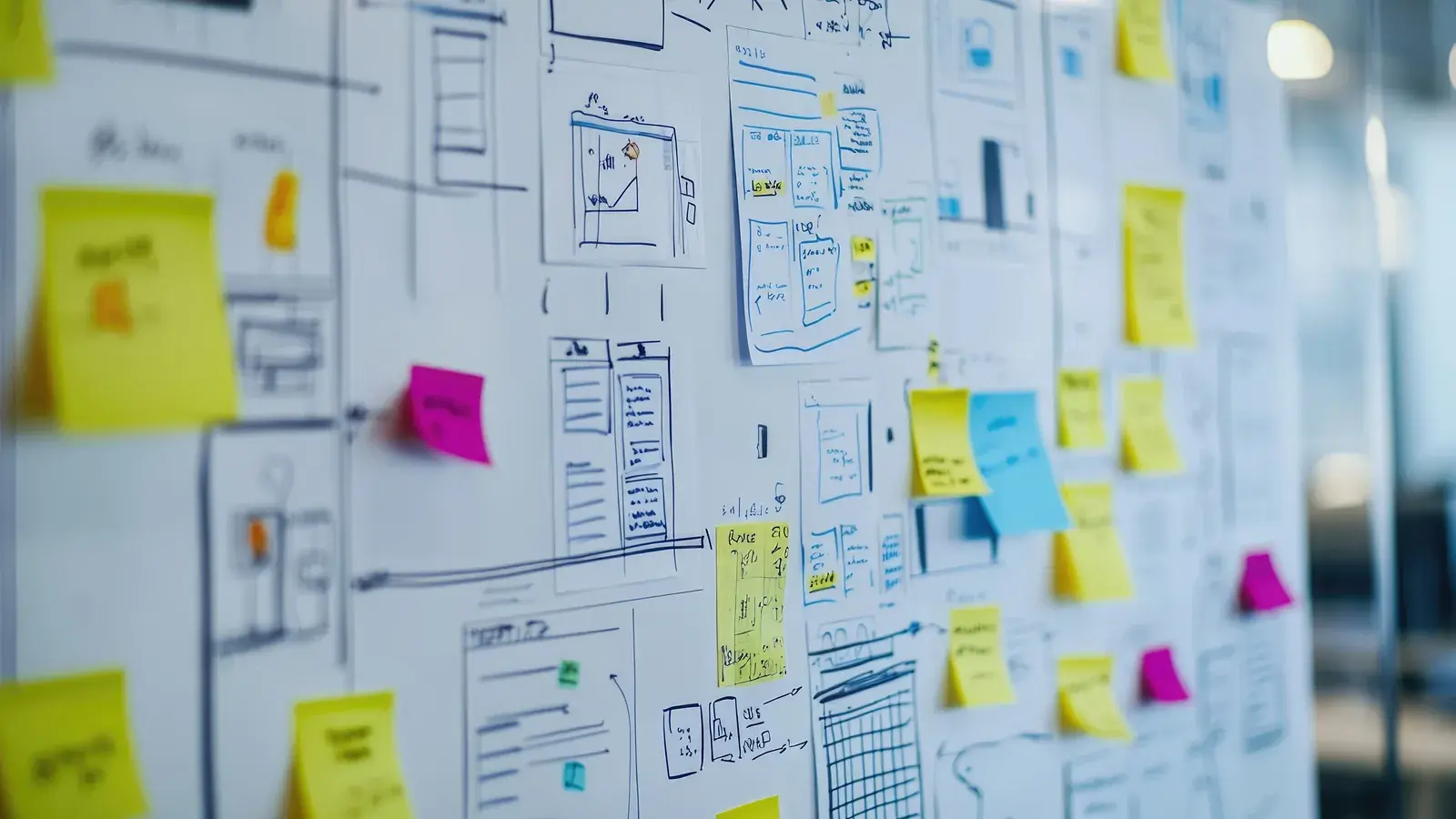 Website wireframes and page plans on a planning wall.