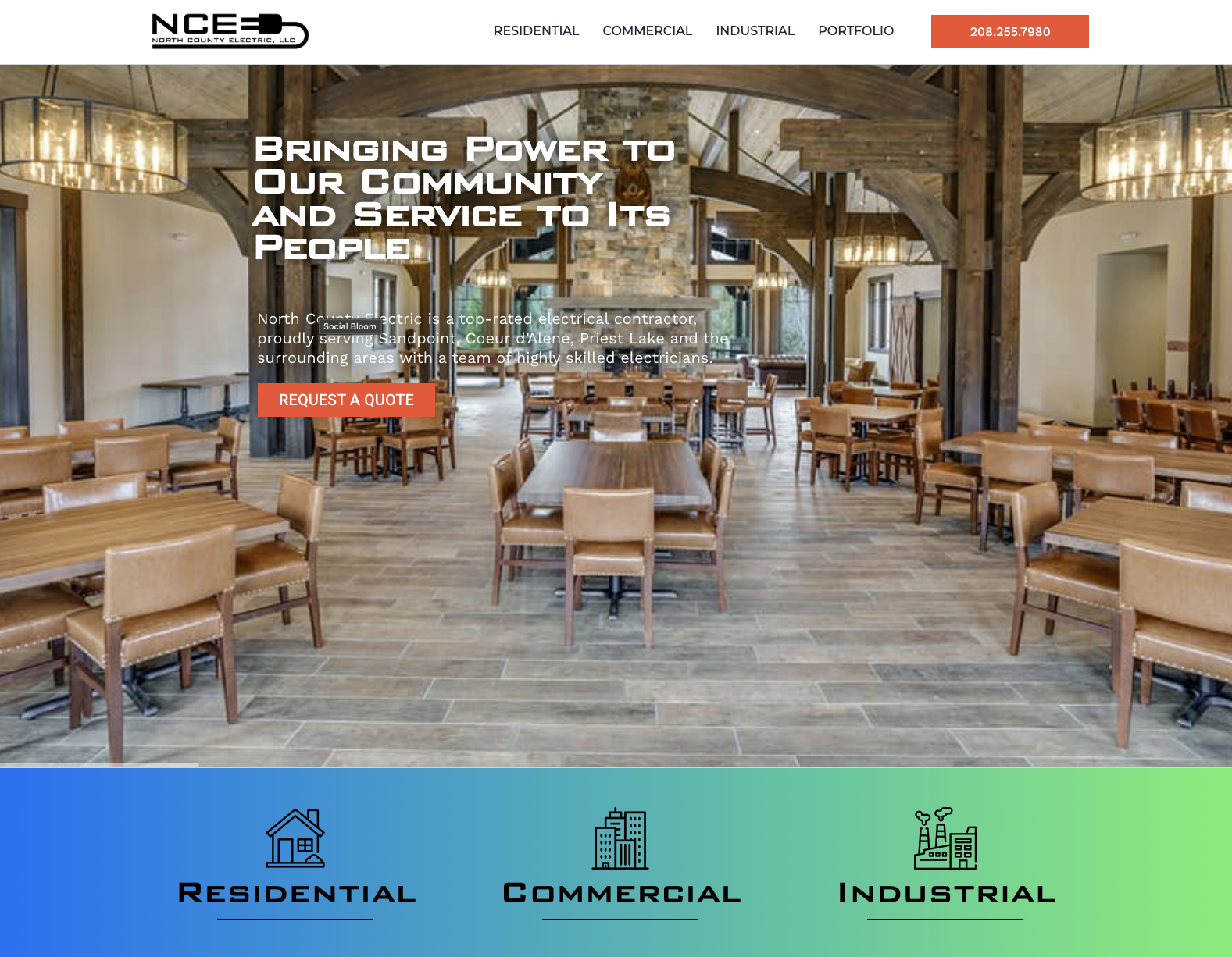 North County Electric homepage showing residential, commercial and industrial service categories and customer reviews