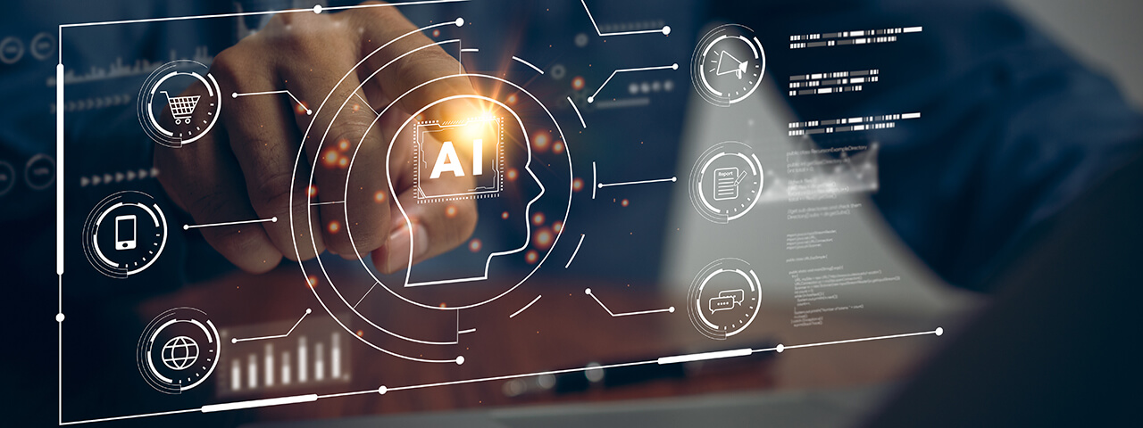 Futuristic digital interface displaying AI-driven marketing analytics and charts.