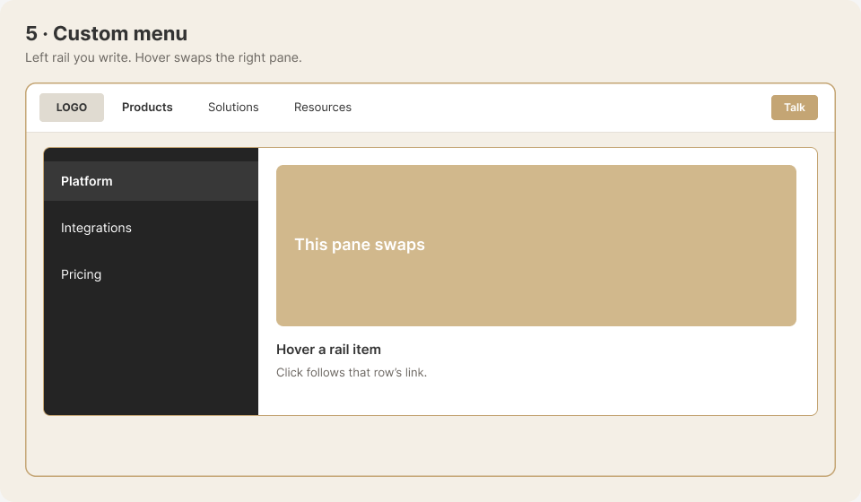 Custom menu: left rail you write; hover swaps the right pane